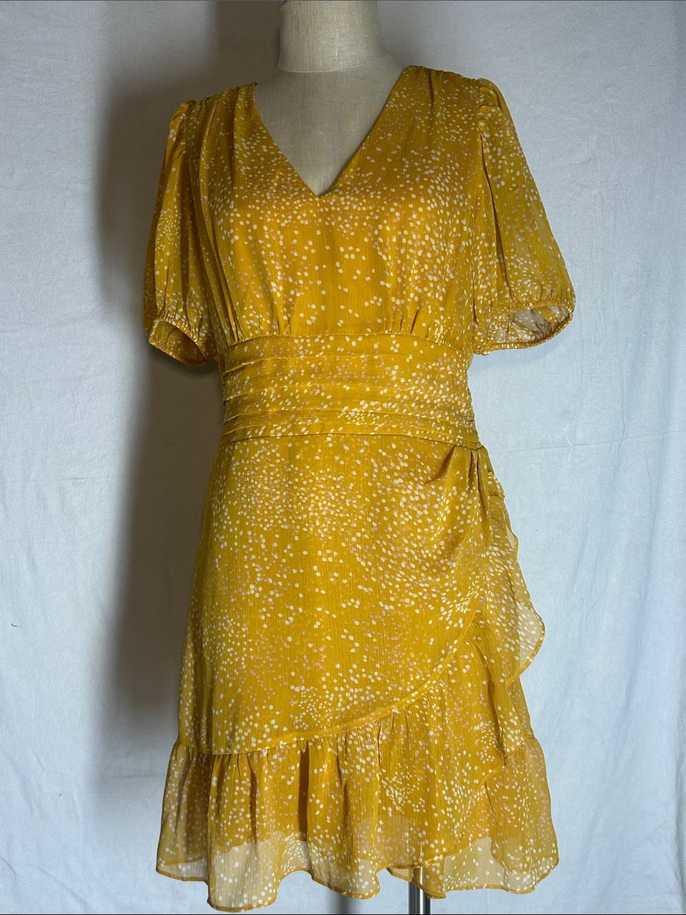Express Mustard Yellow V-Neck Ruffle Wrap Midi Dress